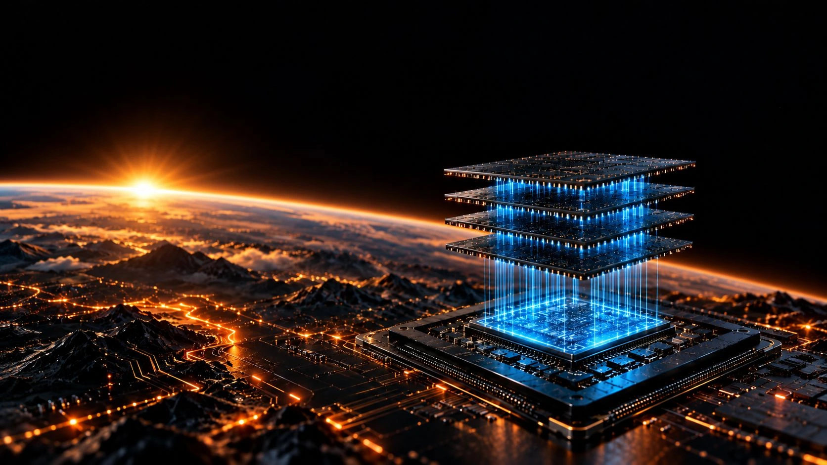Concept artwork of an AI processor beneath an orange horizon